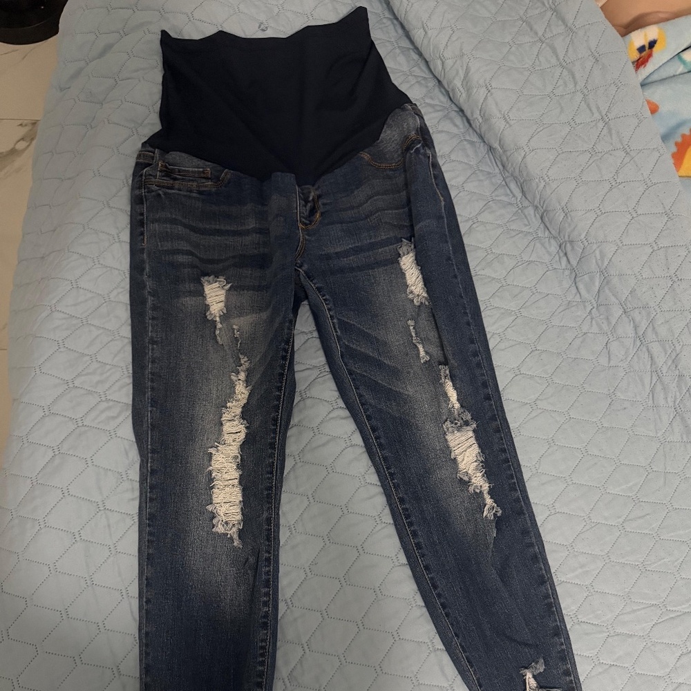 The S.O.N.G. Jeans Women's Large Blue Maternity Distressed Full Panel Skinny is